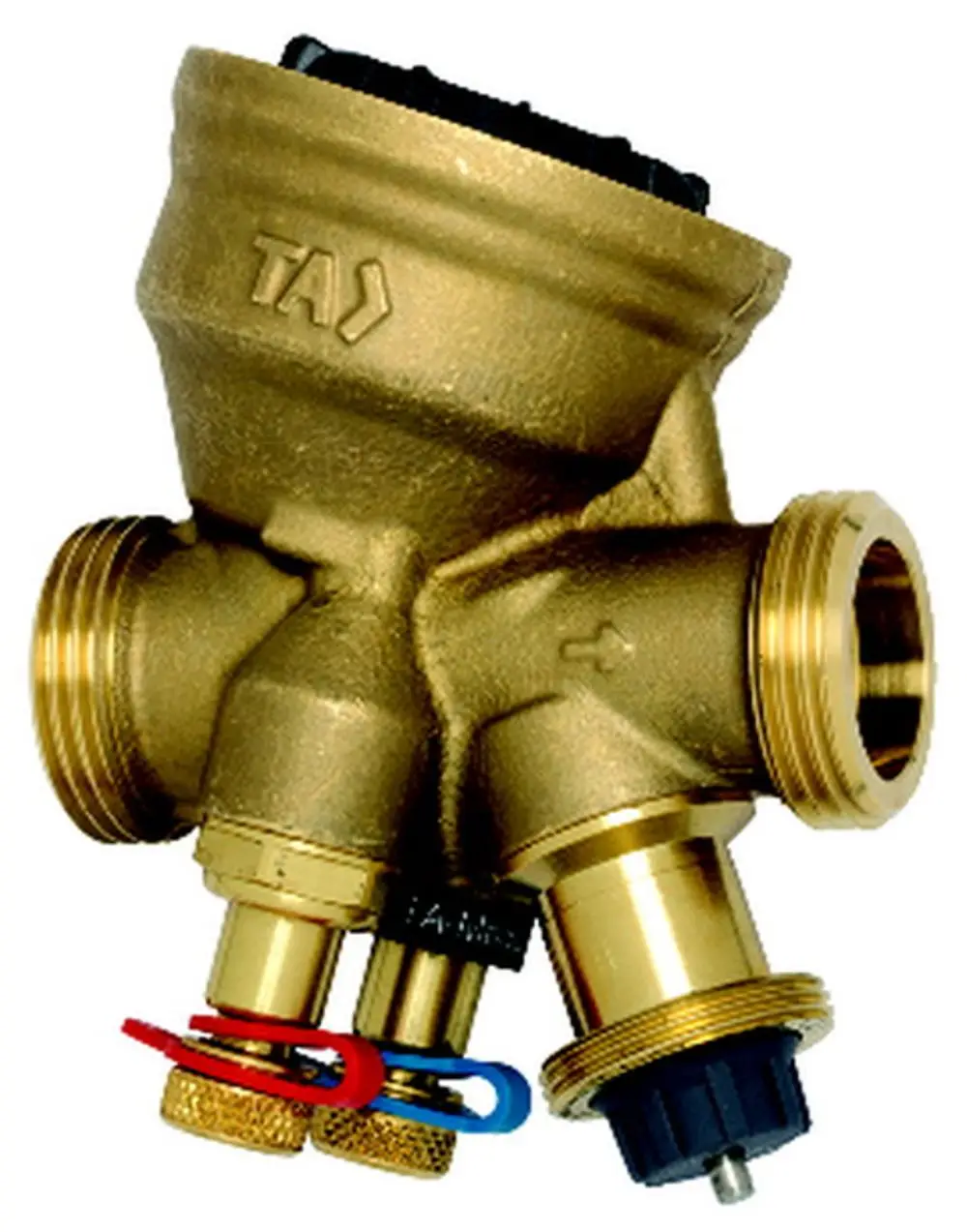 Druckunabhängiges Regel- und Regulierventil in Messing von IMI Hydronic Engineering, mit mehreren Anschlüssen zur Regelung von Heiz- oder Kühlsystemen.